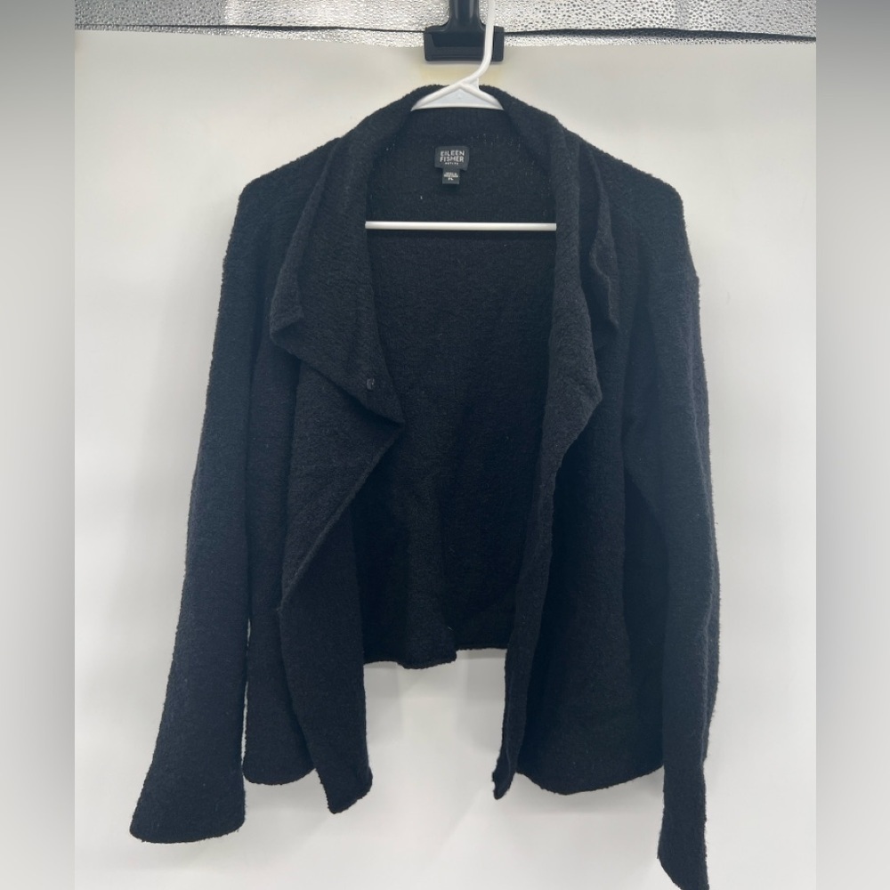 Eileen Fisher black wool black drape cardigan sweater size PL